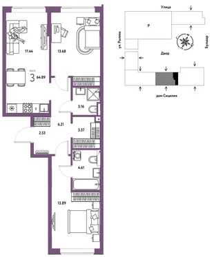 Планировка 3-комн. квартира, 64.89 м² ЖК «Остров-сад»