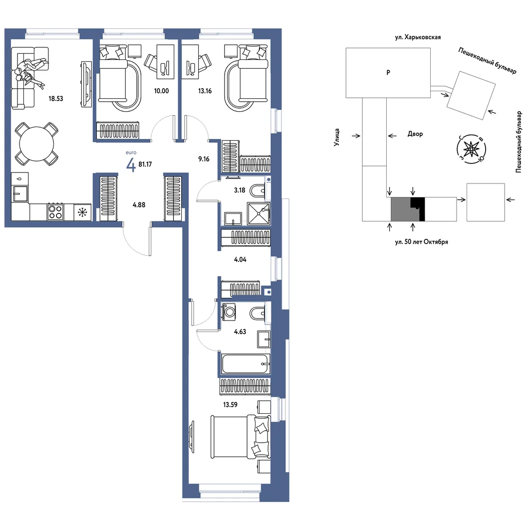 Планировка 4-комн. квартира, 81.17 м² ЖК «Сердце Сибири»