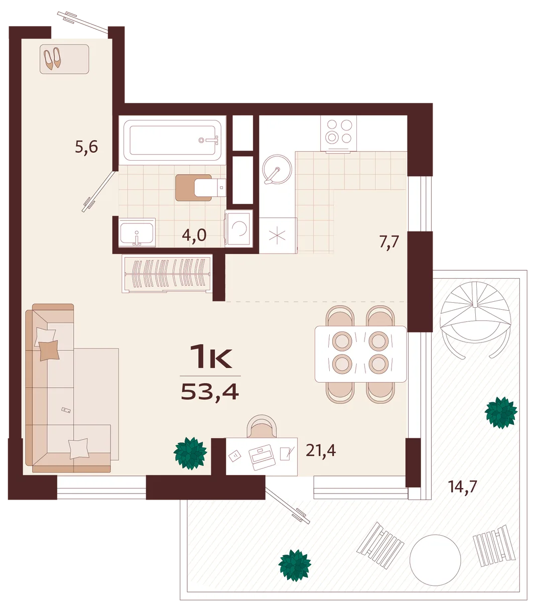 Планировка 1-комн. квартира, 53.4 м² ЖК «Роялта»