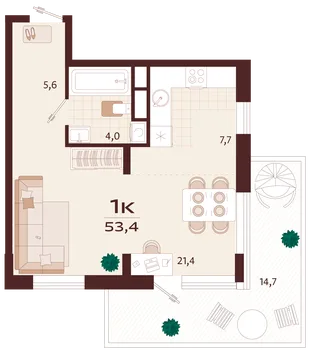 Планировка 1-комн. квартира, 53.4 м² ЖК «Роялта»