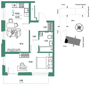 Планировка 2-комн. квартира, 50.82 м² ЖК «Микрорайон Домашний»