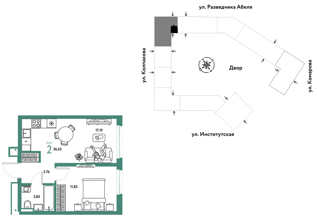 Планировка 2-комн. квартира, 36.63 м² ЖК «Страна.Парковая»