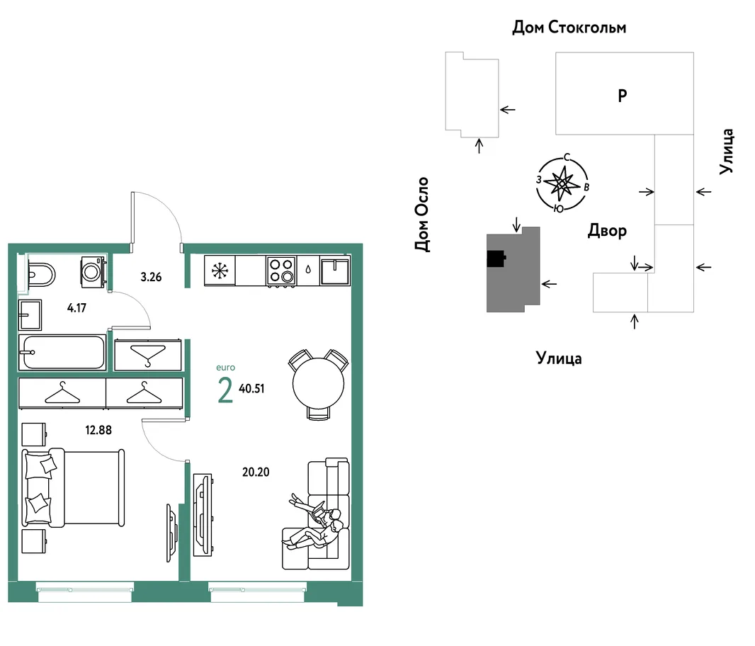 Планировка 2-комн. квартира, 40.51 м² ЖК «Европейский берег 2.0»
