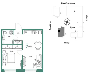 Планировка 2-комн. квартира, 40.51 м² ЖК «Европейский берег 2.0»