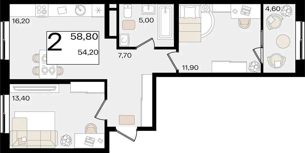 Планировка 2-комн. квартира, 58.8 м² ЖК «Патрики»