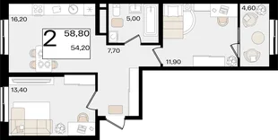 Планировка 2-комн. квартира, 58.8 м² ЖК «Патрики»
