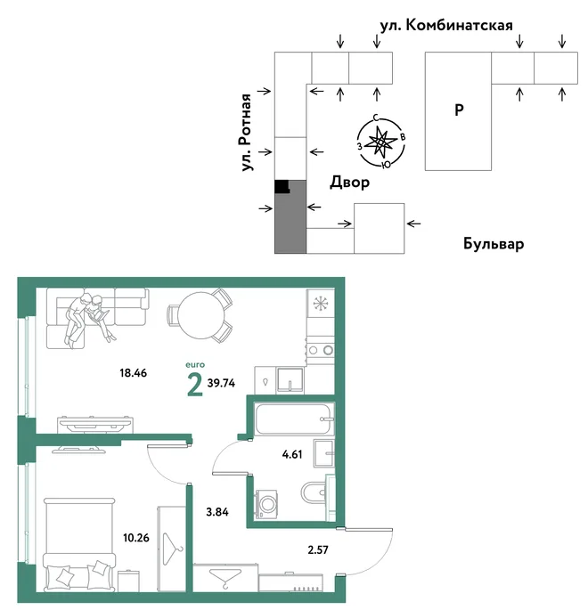Планировка 2-комн. квартира, 39.74 м² ЖК «Уральский сад» Планировка 2-комн. квартира, 39.74 м² ЖК «Уральский сад»