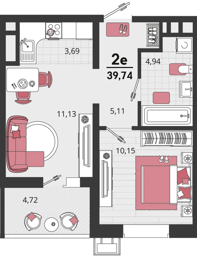 Планировка 2-комн. квартира, 39.74 м² ЖК «Родные просторы» Планировка 2-комн. квартира, 39.74 м² ЖК «Родные просторы»