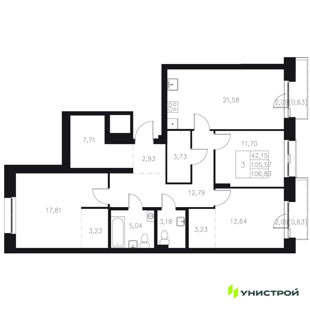 Планировка 3-комн. квартира, 106.83 м² ЖК «Statum»