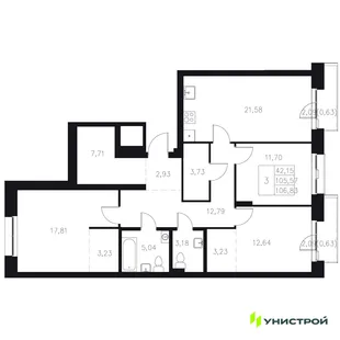 Планировка 3-комн. квартира, 106.83 м² ЖК «Statum»