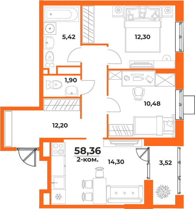Планировка 2-комн. квартира, 58.36 м² ЖК «Живописный сад» Планировка 2-комн. квартира, 58.36 м² ЖК «Живописный сад»
