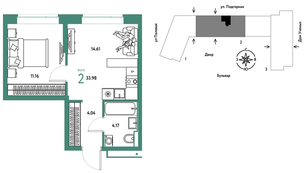 Планировка 2-комн. квартира, 33.98 м² ЖК «Авторский»