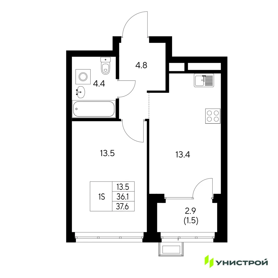 Планировка 1-комн. квартира, 37.6 м² ЖК «Стадиум»
