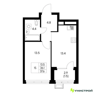 Планировка 1-комн. квартира, 37.6 м² ЖК «Стадиум»