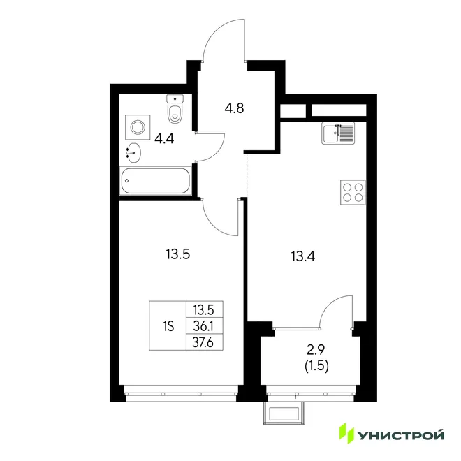 Планировка 1-комн. квартира, 37.6 м² ЖК «Стадиум» Планировка 1-комн. квартира, 37.6 м² ЖК «Стадиум»