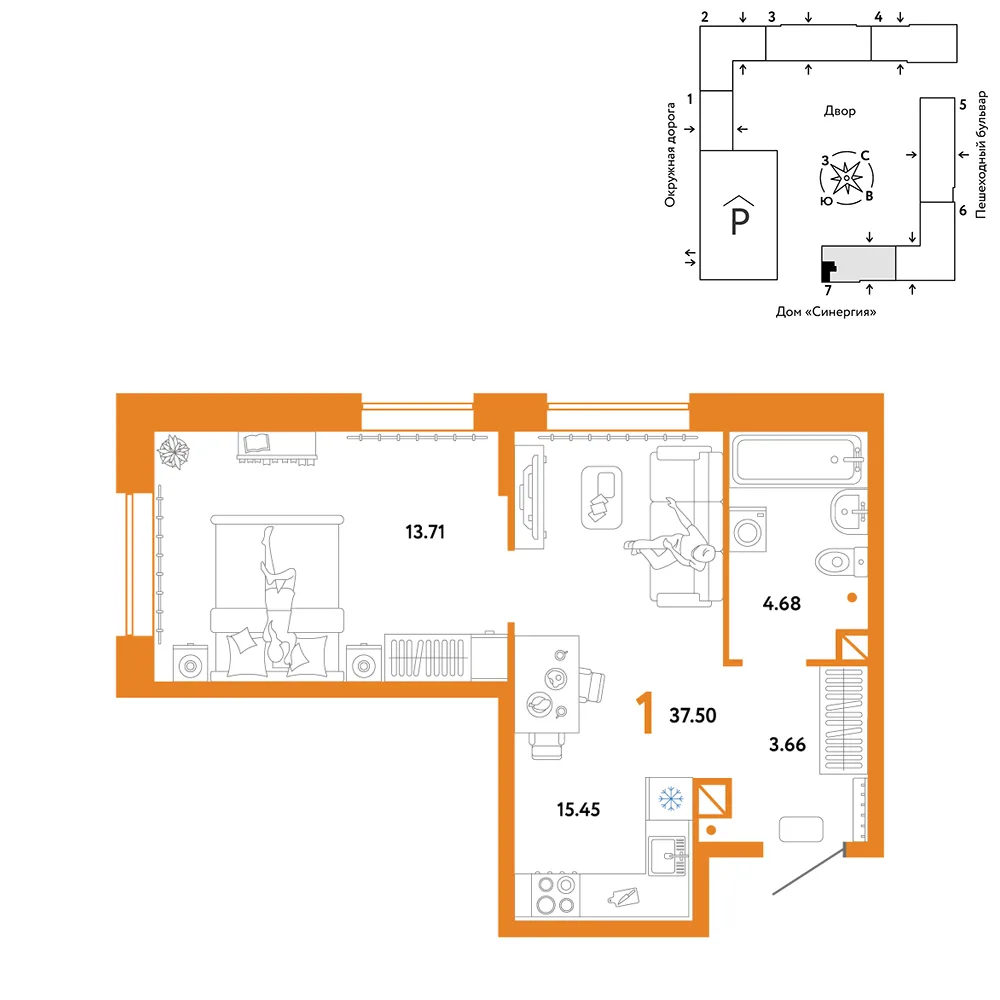 Планировка 1-комн. квартира, 37.5 м² ЖК «Юнион»