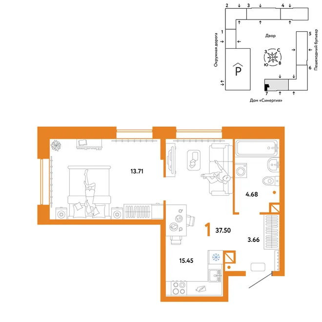 Планировка 1-комн. квартира, 37.5 м² ЖК «Юнион» Планировка 1-комн. квартира, 37.5 м² ЖК «Юнион»