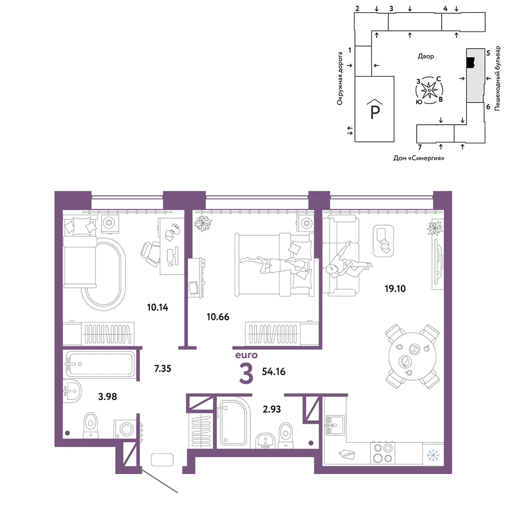 Планировка 3-комн. квартира, 54.16 м² ЖК «Юнион»