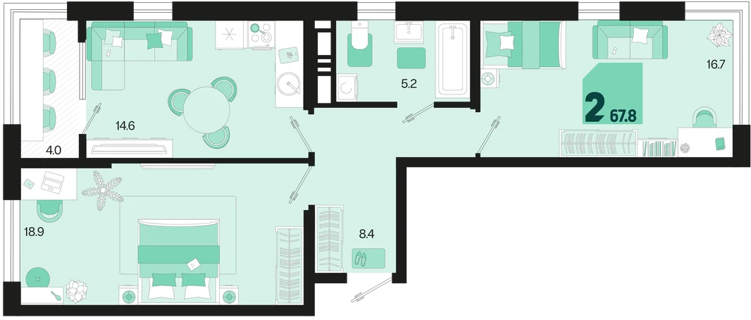 Планировка 2-комн. квартира, 67.8 м² ЖК «Первое место»