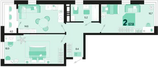 Планировка 2-комн. квартира, 67.8 м² ЖК «Первое место»