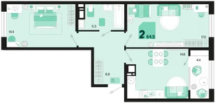 Планировка 2-комн. квартира, 64.5 м² ЖК «Первое место»