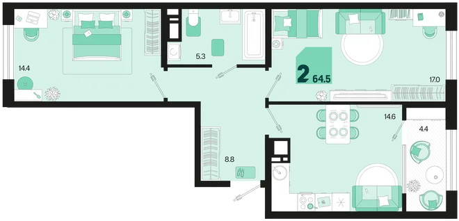 Планировка 2-комн. квартира, 64.5 м² ЖК «Первое место» Планировка 2-комн. квартира, 64.5 м² ЖК «Первое место»