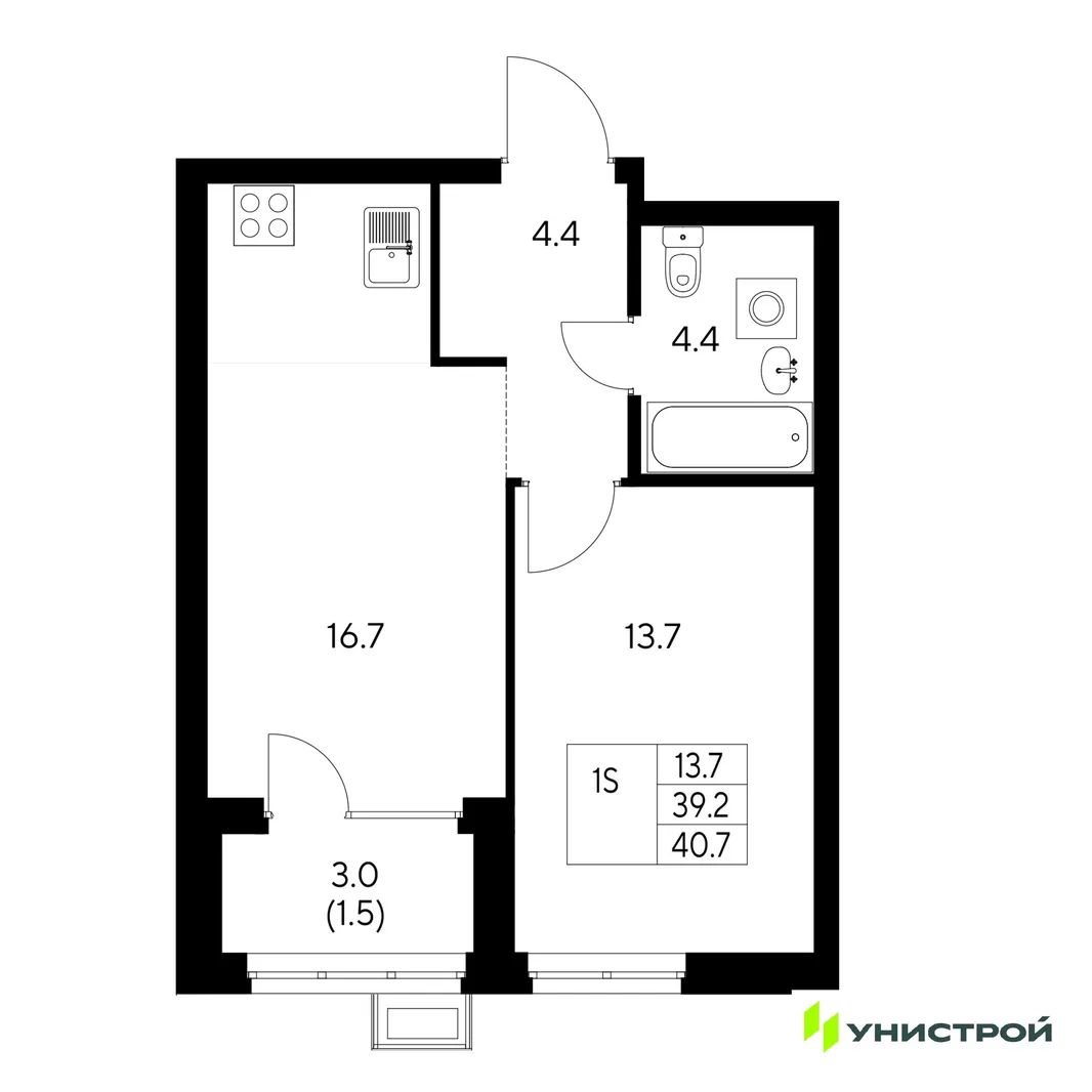 Планировка 1-комн. квартира, 40.7 м² ЖК «Стадиум»