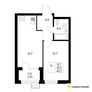 Планировка 1-комн. квартира, 40.7 м² ЖК «Стадиум»