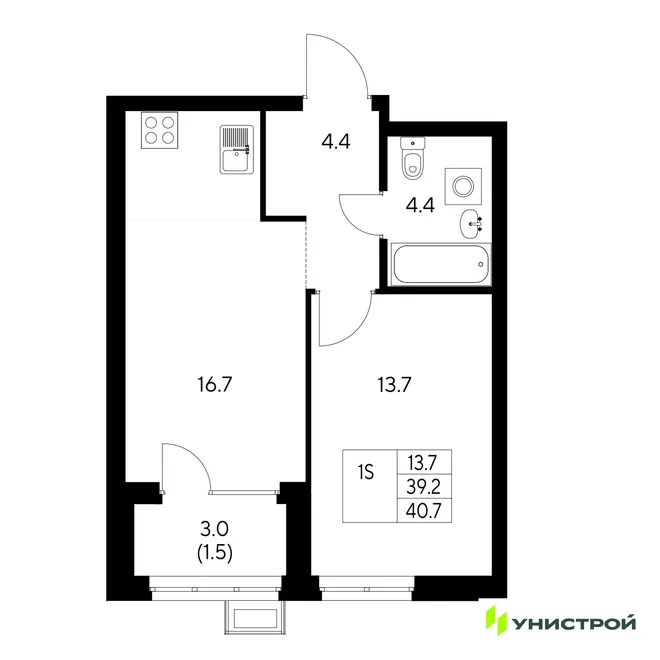 Планировка 1-комн. квартира, 40.7 м² ЖК «Стадиум» Планировка 1-комн. квартира, 40.7 м² ЖК «Стадиум»