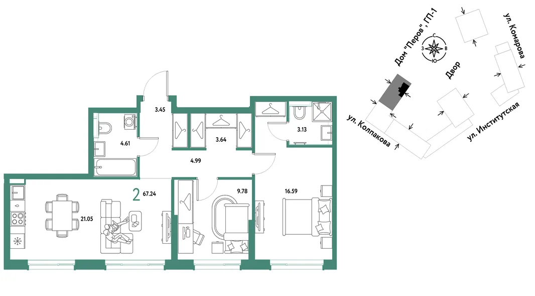 Планировка 2-комн. квартира, 67.24 м² ЖК «Страна.Парковая»