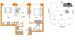 Планировка 1-комн. квартира, 49.57 м² ЖК «Остров-сад»