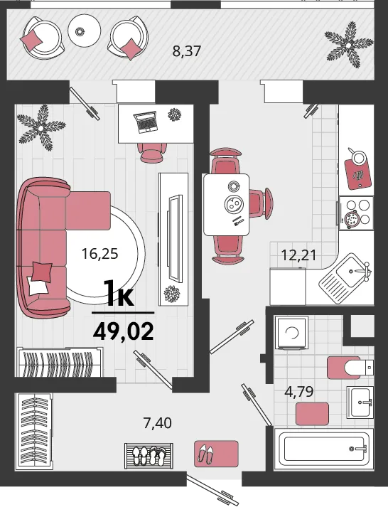 Планировка 1-комн. квартира, 49.02 м² ЖК «Родные просторы»