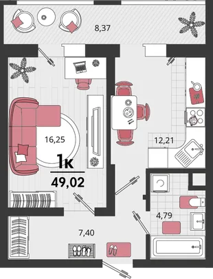 Планировка 1-комн. квартира, 49.02 м² ЖК «Родные просторы»