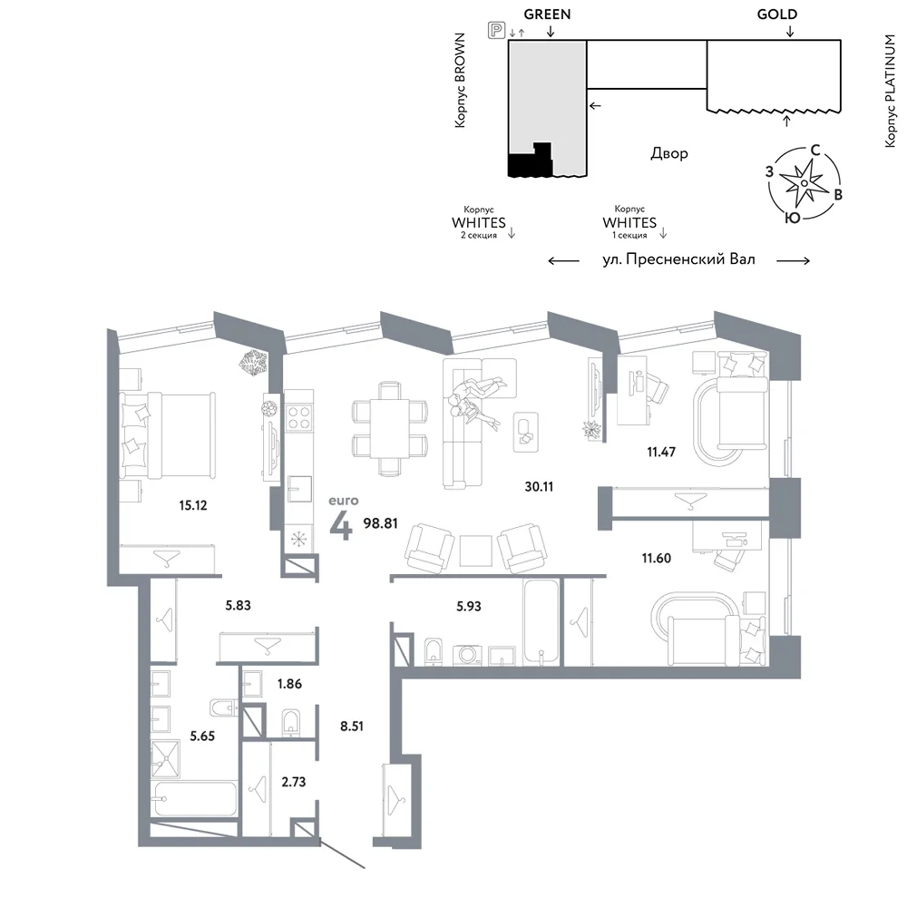 Планировка 3-комн. квартира, 98.81 м² ЖК «Репаблик»