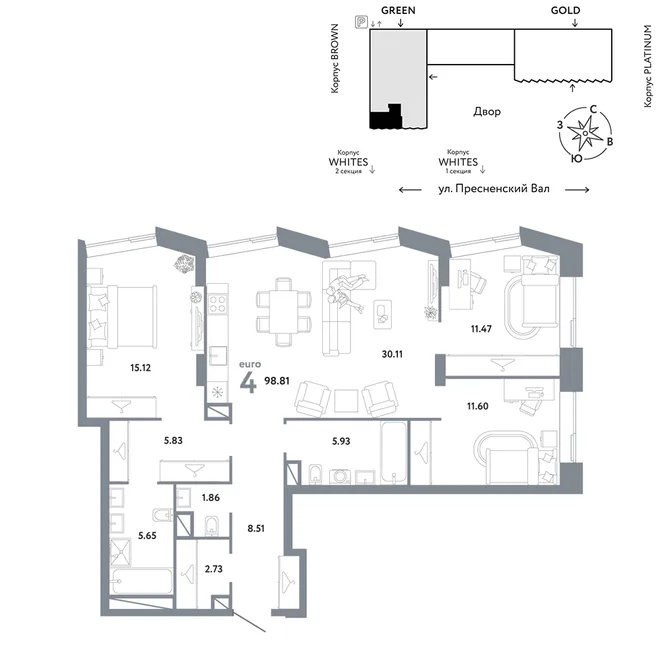 Планировка 3-комн. квартира, 98.81 м² ЖК «Репаблик» Планировка 3-комн. квартира, 98.81 м² ЖК «Репаблик»