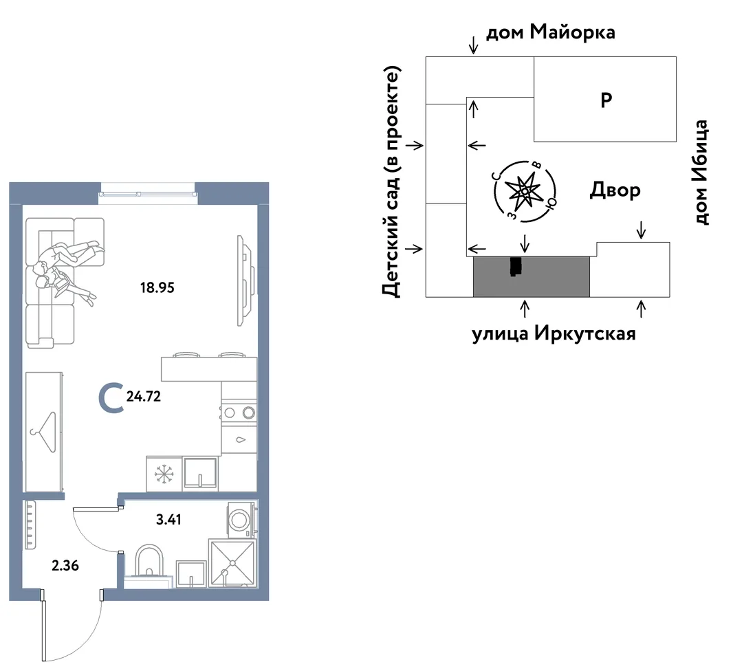 Планировка Студия, 24.72 м² ЖК «Остров-сад»