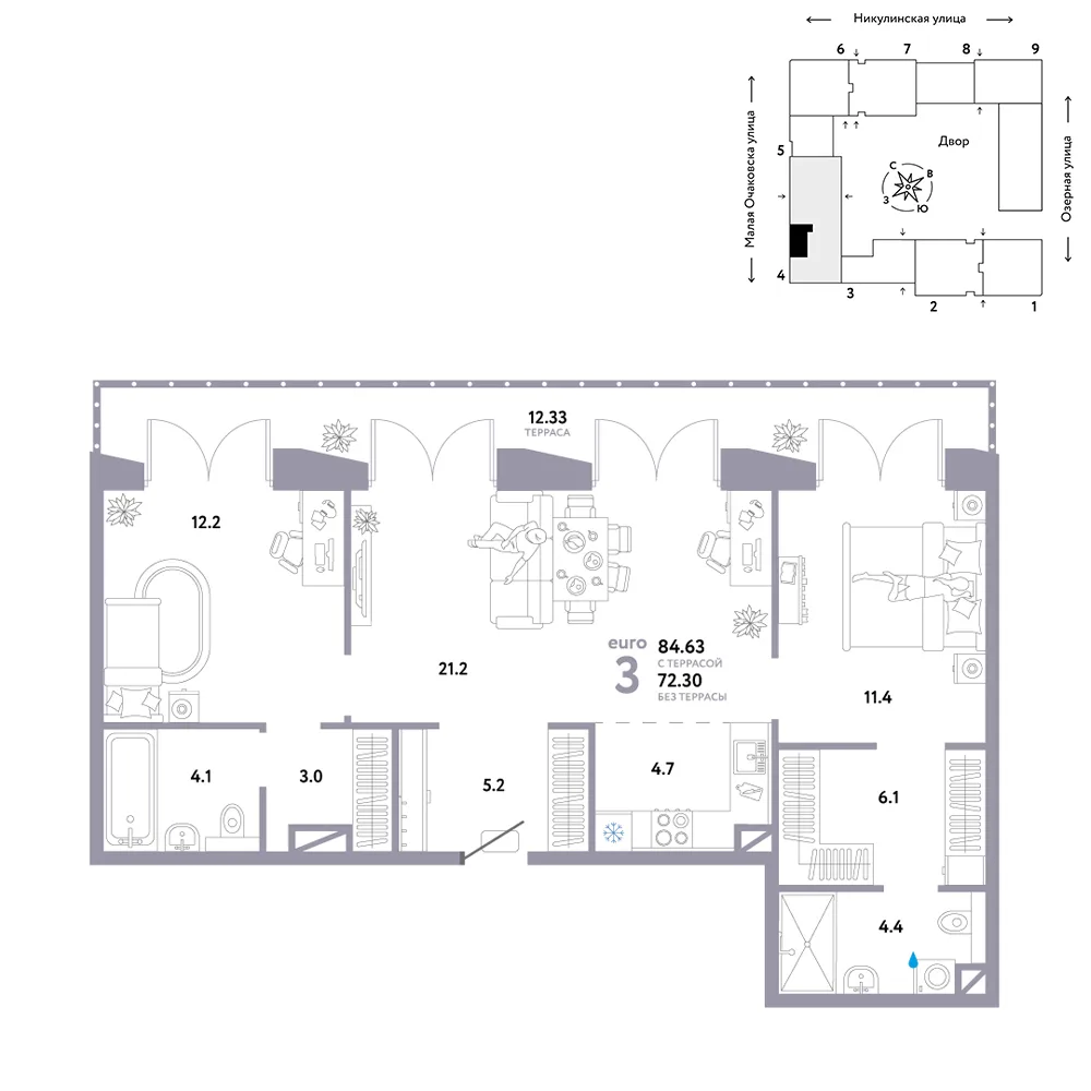 Планировка 3-комн. квартира, 84.63 м² ЖК «Страна.Озёрная»