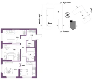 Планировка 3-комн. квартира, 56.63 м² ЖК «Остров-сад»