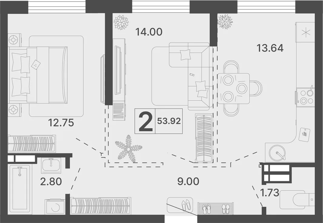Планировка 2-комн. квартира, 53.92 м² ЖК «Светский лес»