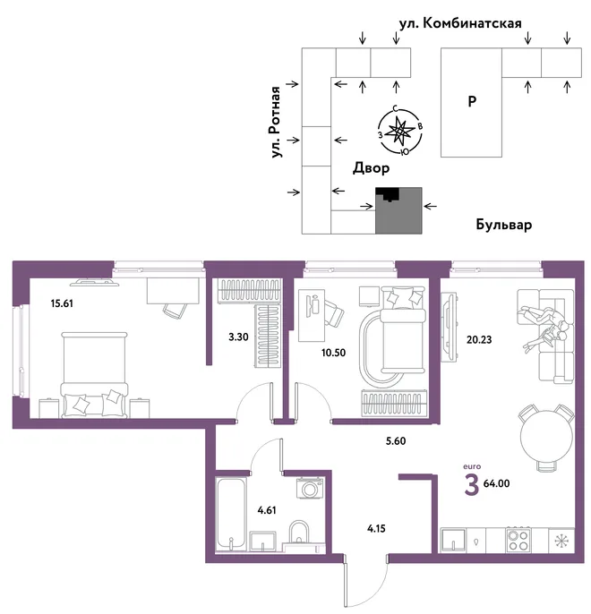 Планировка 3-комн. квартира, 64 м² ЖК «Уральский сад» Планировка 3-комн. квартира, 64 м² ЖК «Уральский сад»