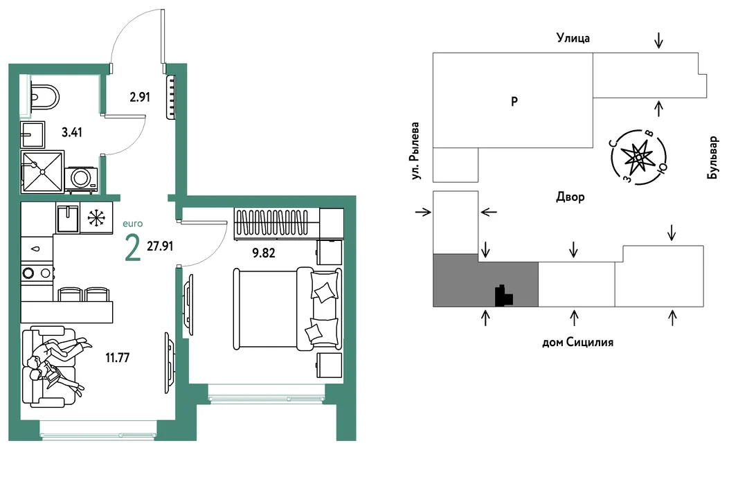 Планировка 2-комн. квартира, 27.91 м² ЖК «Остров-сад»