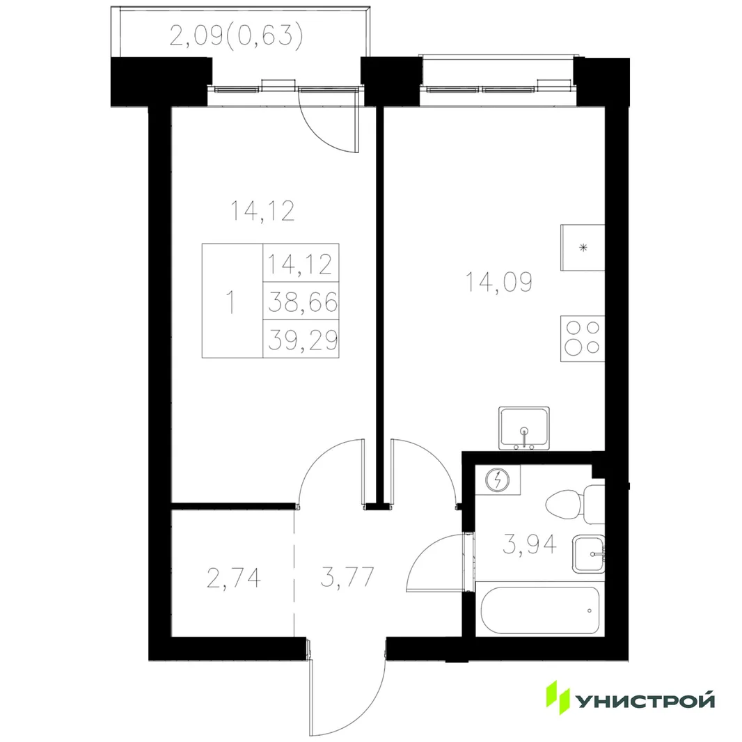 Планировка 1-комн. квартира, 39.29 м² ЖК «Statum»