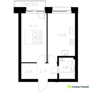 Планировка 1-комн. квартира, 39.29 м² ЖК «Statum»