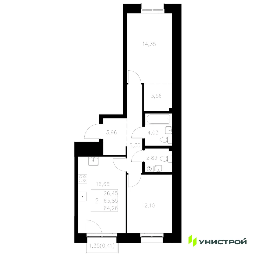Планировка 2-комн. квартира, 64.26 м² ЖК «Statum»