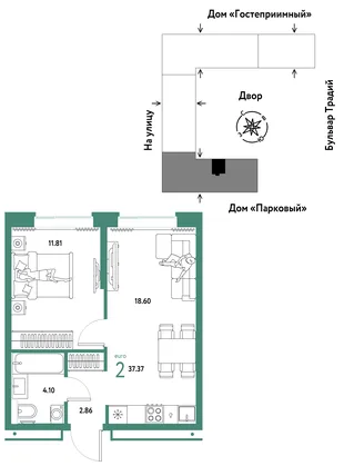 Планировка 2-комн. квартира, 37.37 м² ЖК «Микрорайон Домашний»