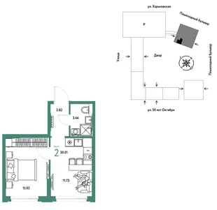 Планировка 2-комн. квартира, 30.01 м² ЖК «Сердце Сибири»