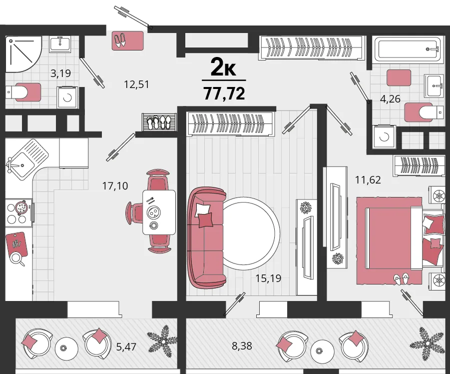 Планировка 2-комн. квартира, 77.72 м² ЖК «Родные просторы»