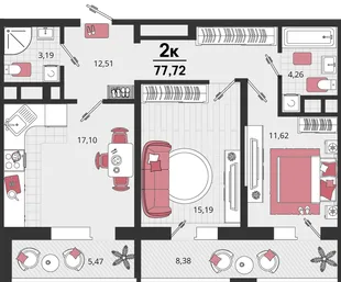Планировка 2-комн. квартира, 77.72 м² ЖК «Родные просторы»
