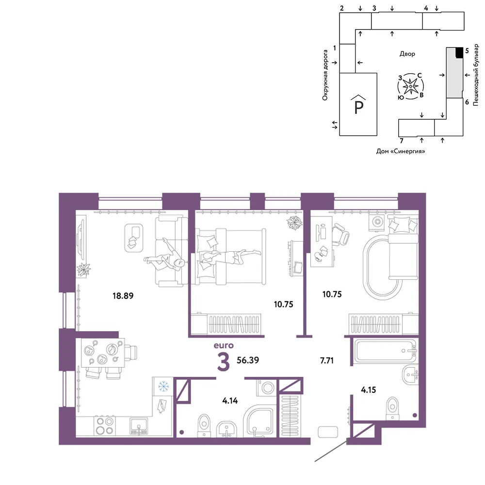 Планировка 3-комн. квартира, 56.39 м² ЖК «Юнион»