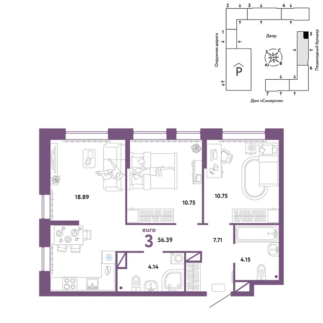 Планировка 3-комн. квартира, 56.39 м² ЖК «Юнион» Планировка 3-комн. квартира, 56.39 м² ЖК «Юнион»